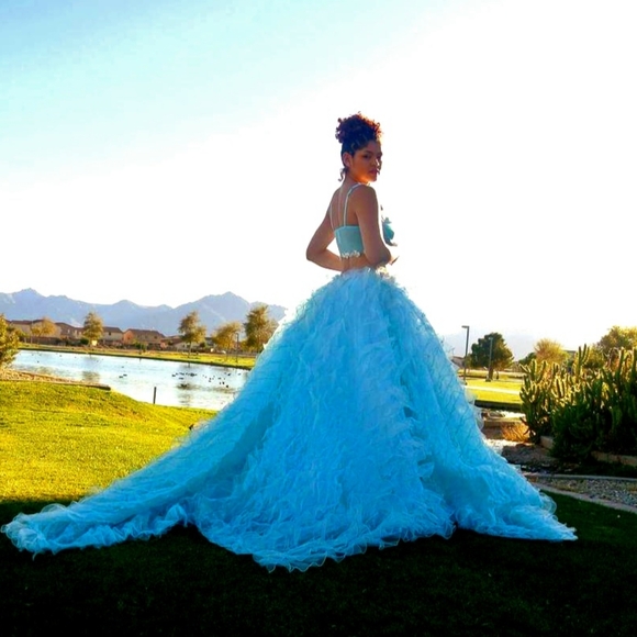 "MARINA" Ocean Blue & White Boho Wedding Ballgown Set - Picture 2 of 15